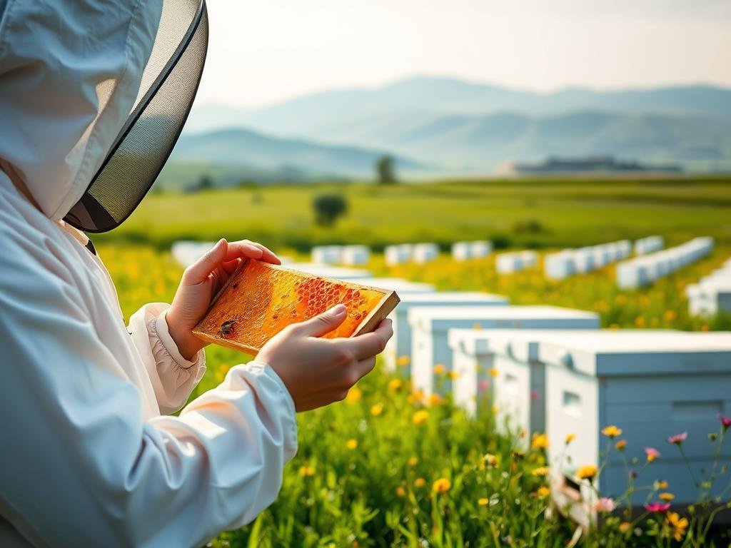 An idyllic scene of modern apiculture, showcasing the APICOLTURA BORVEI MIELE brand. In the foreground, a beekeeper tenderly inspects a honeycomb, their protective suit gleaming in the soft, diffused light. In the middle ground, rows of pristine white beehives stand in a lush, verdant meadow, surrounded by vibrant wildflowers. The background features a serene, rolling landscape with distant hills, evoking a sense of harmony and sustainability. The overall atmosphere is one of tranquility and progress, capturing the essence of the evolving and innovative field of modern apiculture.