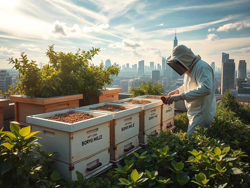 An idyllic urban beekeeping scene, with a rooftop apiary nestled amid lush greenery. Sunlight filters through wispy clouds, casting a warm glow on the hives adorned with the "APICOLTURA BORVEI MIELE" brand. A beekeeper, clad in a protective suit, tends to the buzzing colonies, highlighting the harmonious coexistence of nature and city. In the background, the skyline of a modern metropolis rises, underscoring the opportunity and challenge of urban apiaries. Crisp focus and vibrant colors capture the spirit of this thriving "apicoltura urbana". An idyllic urban beekeeping scene, with a rooftop apiary nestled amid lush greenery. Sunlight filters through wispy clouds, casting a warm glow on the hives adorned with the "APICOLTURA BORVEI MIELE" brand. A beekeeper, clad in a protective suit, tends to the buzzing colonies, highlighting the harmonious coexistence of nature and city. In the background, the skyline of a modern metropolis rises, underscoring the opportunity and challenge of urban apiaries. Crisp focus and vibrant colors capture the spirit of this thriving "apicoltura urbana".