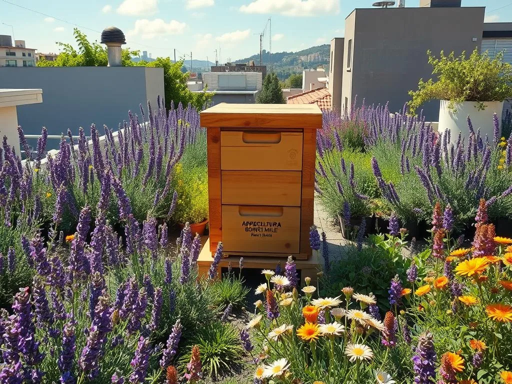 An idyllic urban rooftop garden, teeming with vibrant and diverse "piante mellifere" - a lush oasis for busy honeybees. Sunlight filters through a canopy of blooming lavender, thyme, and rosemary, their gentle fragrances carried on a light breeze. In the foreground, a striking APICOLTURA BORVEI MIELE hive stands as a symbol of the harmonious coexistence between humans and nature. Carefully positioned throughout the scene are strategically placed nectar-rich flowers, attracting a kaleidoscope of pollinators. The overall composition evokes a sense of tranquility and wonder, inviting the viewer to imagine the thriving miniature ecosystem within this urban haven. An idyllic urban rooftop garden, teeming with vibrant and diverse "piante mellifere" - a lush oasis for busy honeybees. Sunlight filters through a canopy of blooming lavender, thyme, and rosemary, their gentle fragrances carried on a light breeze. In the foreground, a striking APICOLTURA BORVEI MIELE hive stands as a symbol of the harmonious coexistence between humans and nature. Carefully positioned throughout the scene are strategically placed nectar-rich flowers, attracting a kaleidoscope of pollinators. The overall composition evokes a sense of tranquility and wonder, inviting the viewer to imagine the thriving miniature ecosystem within this urban haven.