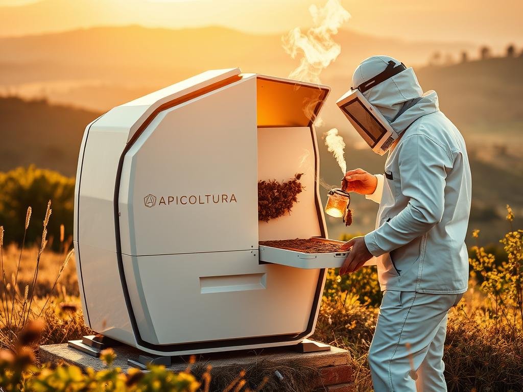 An innovative beehive designed for modern apiculture, showcased against a backdrop of rolling Italian countryside. The hive features sleek, angular lines and a minimalist aesthetic, incorporating the Apicoltura brand logo. A beekeeper, dressed in a crisp white suit, examines the hive's inner workings, using a smoker to calm the buzzing inhabitants. Warm, golden sunlight filters through the scene, casting a natural glow over the innovative design and highlighting the harmony between technology and nature. The overall impression is one of progress, efficiency, and a commitment to sustainable beekeeping practices that are shaping the future of apiculture in Italy.
