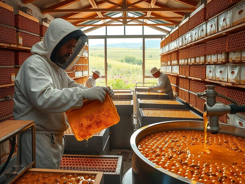 An interior view of a well-lit honey production facility, with rows of honeycomb-filled wooden hives lining the walls. In the foreground, a beekeeper in a protective suit carefully extracts glistening golden honey from the honeycombs, pouring it into a large stainless steel vat. The middle ground showcases the intricate process, with additional workers tending to the hives and processing the honey. In the background, a large window offers a glimpse of an Italian countryside landscape, lush with blooming flowers. The overall mood is one of industrious productivity, highlighting the artisanal nature of "APICOLTURA BORVEI MIELE" honey production.
