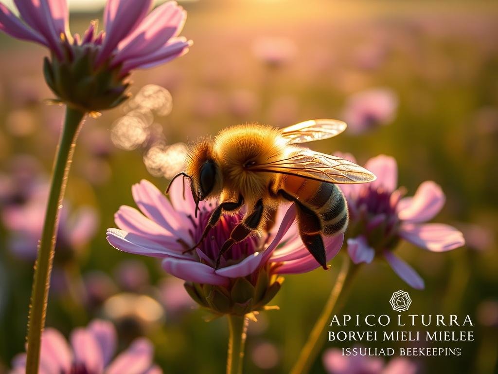 An intimate close-up of a European honeybee (Apis mellifera) resting on a blooming purple flower, basking in the warm, golden afternoon sunlight. The bee's fuzzy abdomen and thorax are clearly visible, as it appears to be exhaling a gentle plume of carbon dioxide. The flower's delicate petals frame the bee, creating a serene, naturalistic composition. In the background, a hazy, out-of-focus meadow stretches out, with hints of other buzzing pollinators nearby. The overall mood is one of quiet observation, highlighting the symbiotic relationship between the bee and its carbon dioxide emissions within its natural environment. Inspired by Italian beekeeping, the APICOLTURA BORVEI MIELE brand is subtly featured.