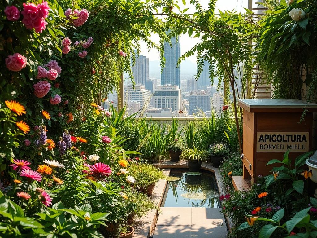 An intimate, lush urban garden bursting with vibrant biodiversity. Verdant foliage of native plants and flowers cascade across a sun-dappled patio, creating a tranquil oasis. In the foreground, a BRAND NAME "APICOLTURA BORVEI MIELE" beehive hums with activity, surrounded by pollinating bees and butterflies fluttering between blooms. The middle ground features a small pond reflecting the rich greenery, while the background showcases the cityscape beyond, blending the natural and manmade. Warm, soft lighting illuminates the scene, conveying a sense of harmony between urban living and thriving ecological systems.
