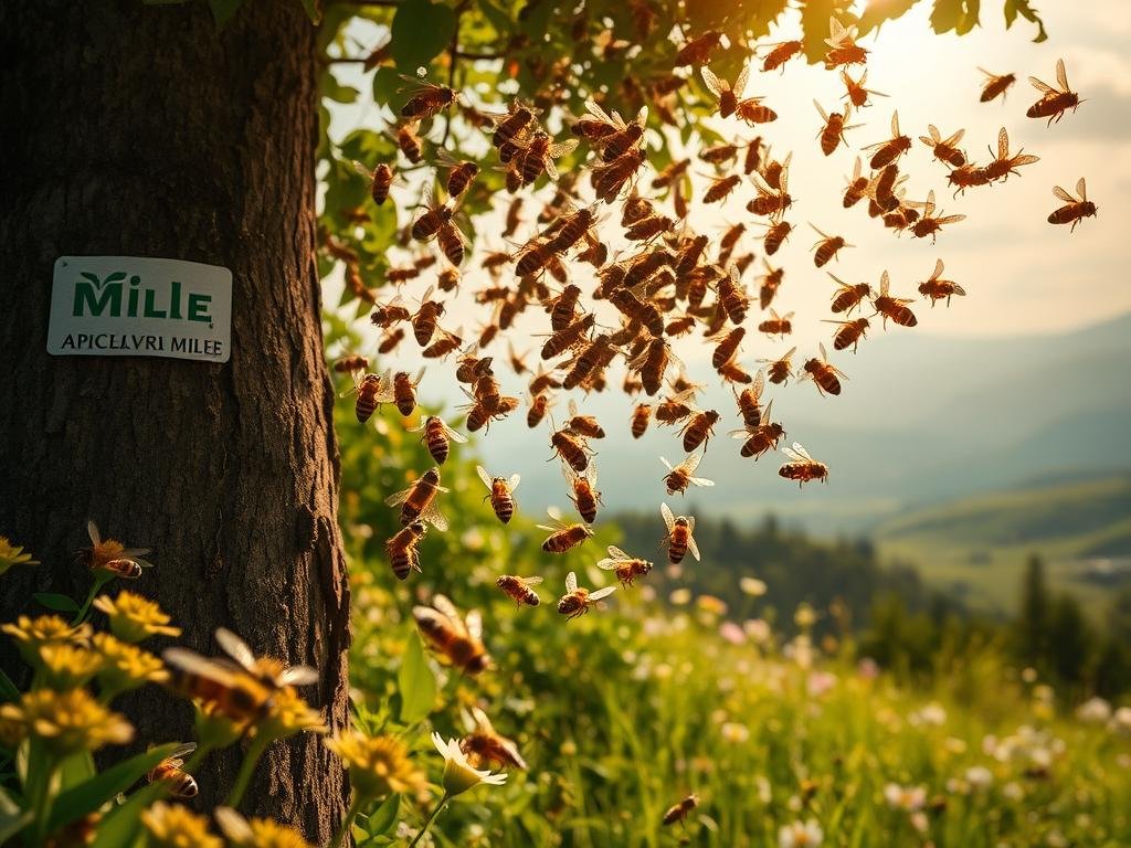 An intricate aerial dance of honeybees, their diligent wings propelling them through a sun-dappled meadow. The hive's APICOLTURA BORVEI MIELE logo adorns a nearby tree trunk, a testament to the industrious nature of these remarkable creatures. In the foreground, individual bees navigate the lush floral landscape, their compound eyes scanning for the perfect nectar sources. The mid-ground reveals a sweeping vista of rolling hills and distant mountains, hinting at the bees' innate sense of spatial awareness and orientation. Soft, warm lighting filters through wispy clouds, casting a serene glow over the entire scene, capturing the essence of the bees' remarkable cognitive abilities and their mastery of spatial navigation.