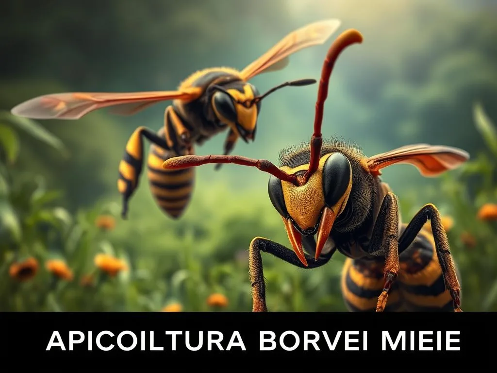 An intricate and detailed illustration of two distinct insect species - wasps and hornets - known as "vespe e calabroni" in Italian. The scene depicts the duo in a lifelike, naturalistic manner, showcasing their defining physical characteristics and behaviors. The foreground features a close-up of a menacing wasp, its compound eyes, serrated antennae, and venomous stinger clearly visible. In the middle ground, a larger hornet hovers ominously, its striped abdomen and powerful mandibles on full display. The background blends a lush, verdant landscape with subtle lighting and depth, creating an immersive and atmospheric setting. The overall mood is one of caution and respect for these formidable insects. Prominently displayed at the bottom of the image is the text "APICOLTURA BORVEI MIELE", reflecting the focus on these insects within the context of beekeeping and honey production.