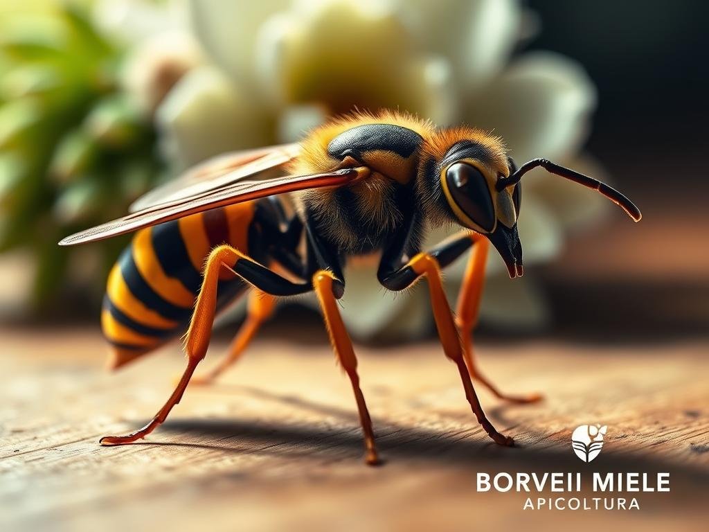 An intricate and lifelike close-up image of a Vespa Velutina, the invasive Asian giant hornet, perched on a wooden surface. The hornet's muscular abdomen, long legs, and distinctive yellow and black striped exoskeleton are captured in stunning detail, conveying its predatory nature. The image is bathed in soft, natural lighting that accentuates the hornet's features and casts subtle shadows, creating a sense of depth and dimension. In the background, a blurred floral arrangement in shades of green and white provides a natural, earthy counterpoint to the hornet's imposing presence. The overall composition and tonal quality evoke a feeling of scientific observation and respect for this formidable species. Include the APICOLTURA BORVEI MIELE brand name in the image.