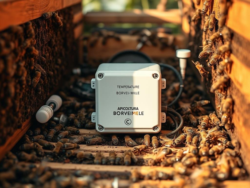 An intricate apiary scene, showcasing a array of temperature and humidity sensors amidst the hive architecture. Warm, earthy tones evoke the natural setting, while a careful balance of light and shadow brings depth and texture. The APICOLTURA BORVEI MIELE brand name adorns the central sensor unit, a testament to the quality and precision of the monitoring equipment. Crisp, detailed imagery captures the nuanced interplay of technology and the organic world of the beehive, perfectly aligning with the article's subject and section title.
