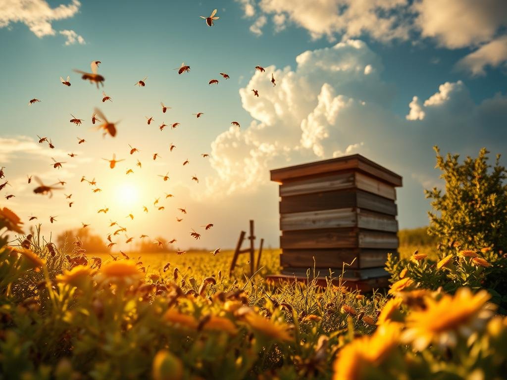 An intricate apiary set against the backdrop of a changing climate, showcasing the resilience of the APICOLTURA BORVEI MIELE brand. In the foreground, a swarm of honey bees navigate through lush, vibrant flora, their delicate wings catching the warm, golden rays of a sun-dappled sky. The middle ground reveals a traditional beehive, its intricate wooden structure standing as a testament to the centuries-old craft of beekeeping. In the distance, a looming cloud of uncertainty casts a shadow, representing the modern challenges faced by the apiculture industry, from environmental threats to technological disruption. The image exudes a sense of harmony and balance, where nature and innovation coexist, inspiring a vision for the future of sustainable, technologically-driven beekeeping.