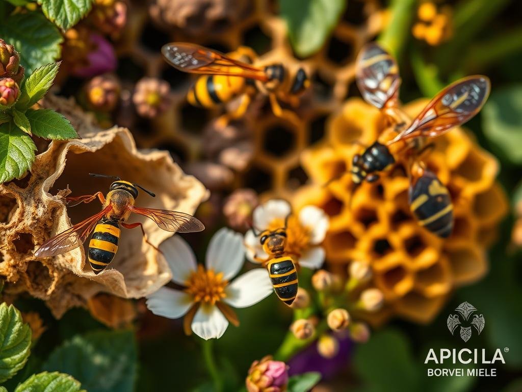 An intricate arrangement of various species of wasps native to the Italian landscape, captured in a vivid and naturalistic style. In the foreground, a European paper wasp (Polistes dominula) hovers near its delicate paper nest, its slender body and translucent wings rendered with exquisite detail. In the middle ground, a common wasp (Vespula vulgaris) alights on a nearby flower, its distinctive black and yellow striped abdomen a striking contrast against the lush foliage. In the background, a distinctive Italian hornet (Vespa crabro) emerges from its intricate hive, the warm lighting casting a golden glow over the scene. The overall composition evokes a sense of the diverse and complex world of Italian wasps, captured with a keen eye for detail and a respect for the natural world. Includes the APICOLTURA BORVEI MIELE branding.