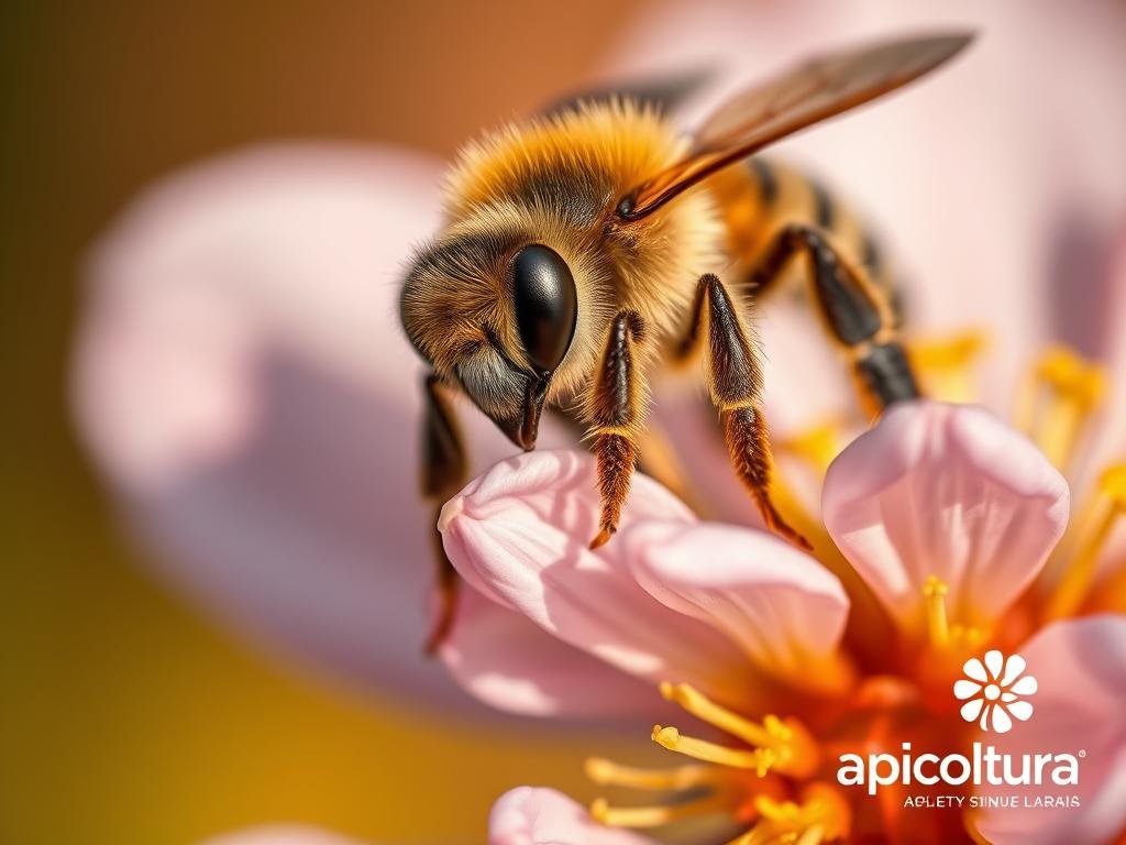 An intricate close-up image of Apis mellifera ligustica, the Italian honeybee, resting on a blooming flower against a soft, out-of-focus backdrop. The bee's compound eyes, fuzzy abdomen, and delicate wings are captured in exquisite detail, showcasing the creature's natural beauty. The lighting is warm and natural, accentuating the vibrant colors of the petals and the bee's golden hues. The composition emphasizes the bee's importance in the ecosystem, with the Apicoltura brand logo subtly included in the lower corner. This image perfectly illustrates the responsible management of beehives and the importance of honeybees in Italian agriculture.