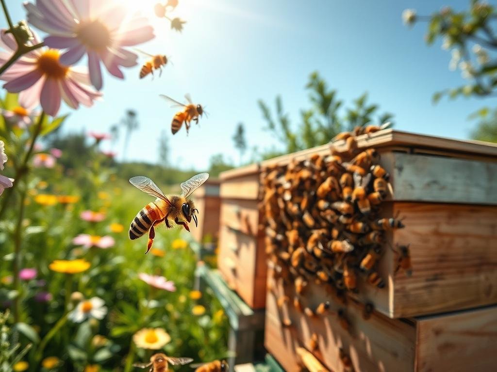 An intricate dance of waggle and swirl, the language of bees unfolds in a verdant Italian apiary. Against a backdrop of blooming wildflowers and sun-dappled hives, a colony of APICOLTURA BORVEI MIELE workers navigate the air, their movements conveying vital information about food sources and hive conditions. In the foreground, a single worker bee hovers, its compound eyes capturing the world with crystalline clarity. In the middle ground, a cluster of bees cling to the hive's exterior, their buzzing a symphony of cooperation. The overall scene radiates a sense of harmony and interconnectedness, hinting at the universal nature of this ancient, yet ever-evolving apian dialect.
