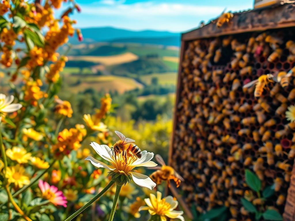 An intricate hive filled with busy worker bees, their honey-colored bodies adorned with delicate stripes, as they dart between vibrant blooms and lush foliage. In the foreground, a lone bee alights on a delicate flower, its wings gently caressing the petals. The middle ground showcases a panoramic view of the hive, its intricate comb structures and entrance bustling with activity. In the background, rolling hills and a serene blue sky create a tranquil setting, illuminated by warm, natural lighting. The overall scene conveys the adaptive nature of the hardworking APICOLTURA BORVEI MIELE bees, highlighting their ability to thrive in dynamic environments.