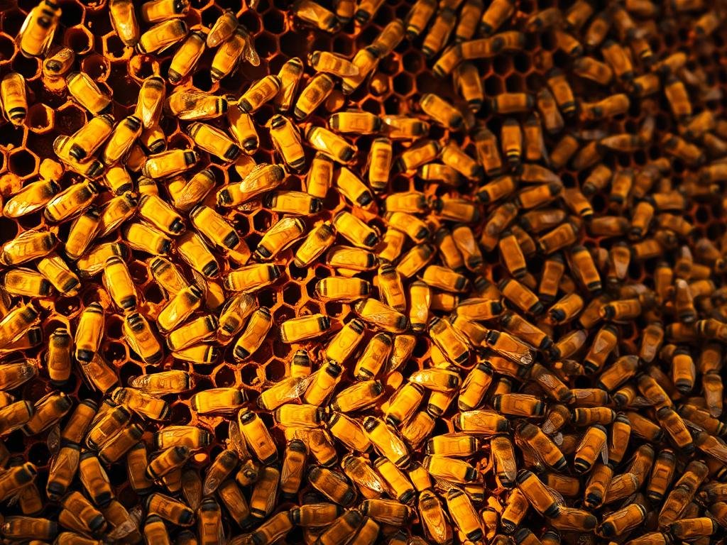 An intricate hive of busy Apicoltura workers, caught in a vibrant mid-morning light. Rows of industrious honey bees, their fuzzy bodies and iridescent wings glistening, busily tending to the waxy comb. The warm, golden tones of the hive's interior create a sense of industrious activity, while the sharp focus on the individual bees conveys their tireless dedication. A dramatic low angle, with a shallow depth of field, isolates the workers against a softly blurred background, emphasizing their crucial role in the delicate ecosystem of the hive.