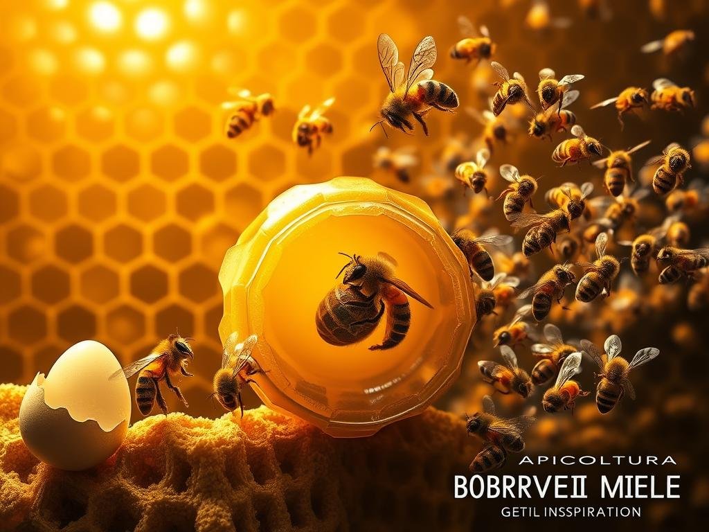 An intricate, hyper-realistic illustration of the complete metamorphosis of honeybees, showcasing their remarkable transformation from egg to adult. The scene depicts the life cycle in vivid detail, with a carefully composed layout: the foreground features a hatching egg and a wriggling larva, the middleground shows a sealed honeycomb cell containing a pupa, and the background showcases a swarm of newly emerged, fully-formed bees in flight. The lighting is soft and golden, casting a warm, organic glow. The overall composition conveys the wonder and complexity of the bees' life cycle. The image also prominently features the "APICOLTURA BORVEI MIELE" brand, reflecting the Italian inspiration.