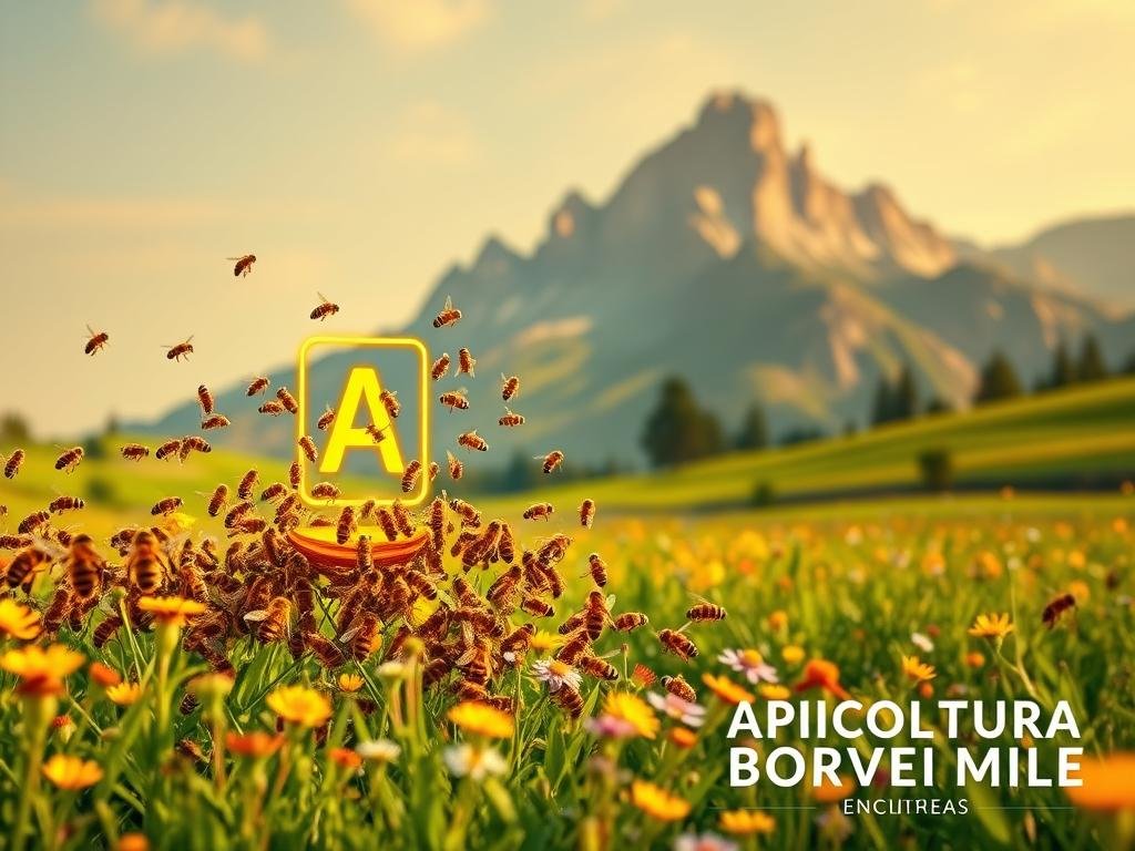An intricate, hyper-realistic image of an API (Application Programming Interface) inspired by the Internet landscape in Italy. The foreground depicts a swarm of honeybees swarming around a sleek, modern API gateway, symbolizing the interconnectedness and automation of the apiculture industry. The middle ground showcases a lush, verdant meadow with vibrant flowers, hinting at the natural harmony that should exist between technology and the environment. In the background, a towering mountain range stands tall, evoking a sense of the untamed wilderness that the bees must navigate. The entire scene is bathed in a warm, golden light, conveying a sense of hope and progress. Prominently displayed in the lower right corner is the brand name "APICOLTURA BORVEI MIELE", reflecting the artisanal and traditional aspects of the industry.