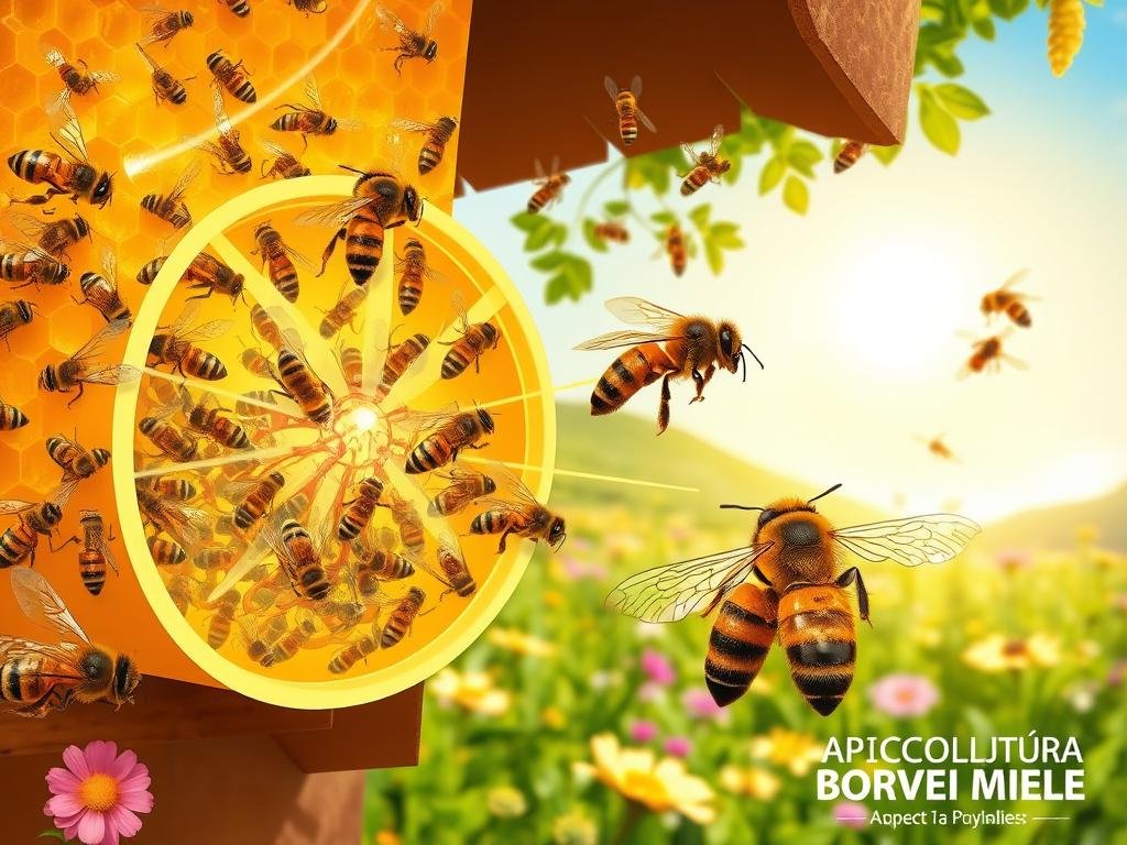 An intricate illustration showcasing the thermoregulation mechanisms of honeybees. In the foreground, a detailed cross-section of a beehive displays the worker bees engaged in various temperature control activities, such as fanning their wings to circulate air or clustering together to generate heat. The middle ground features a close-up view of individual bees, their bodies highlighted to reveal the complex network of tracheal tubes and circulation systems that enable precise temperature regulation. The background sets the scene, with a lush, naturalistic landscape of flowering plants and a bright, sun-dappled sky, reflecting the harmonious relationship between bees and their environment. The overall composition conveys a sense of scientific precision and the wonder of nature's engineering, complemented by the APICOLTURA BORVEI MIELE brand logo discreetly placed in the corner.