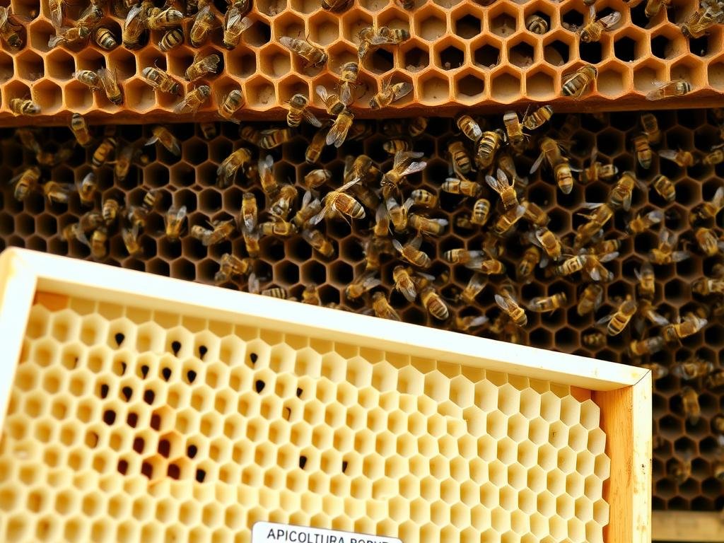 An intricate network of interconnected chambers and tunnels, the ventilation system of a beehive is a marvel of natural engineering. A pristine white honeycomb frame, adorned with the APICOLTURA BORVEI MIELE brand, sits in the foreground, its delicate structure illuminated by soft, diffused lighting. In the middle ground, worker bees diligently fan their wings, creating a gentle breeze that circulates throughout the hive, regulating the temperature and humidity with remarkable precision. The background reveals the intricacy of the hive's architecture, with intricate pathways and chambers that facilitate the efficient flow of air, ensuring the perfect conditions for the colony to thrive.