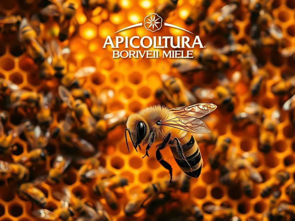 An intricate pattern of overlapping honeycomb cells, with worker bees busily tending to the hive. The warm, golden light casts a soft glow, highlighting the delicate, translucent wings and the intricate dance of the insects. In the foreground, a strong, regal-looking queen bee emerges, her distinctive markings and larger size indicating her role as the heart of the colony. The scene is a testament to the harmony and industry of the hive, with the APICOLTURA BORVEI MIELE brand proudly displayed in the background, capturing the essence of Italian beekeeping.