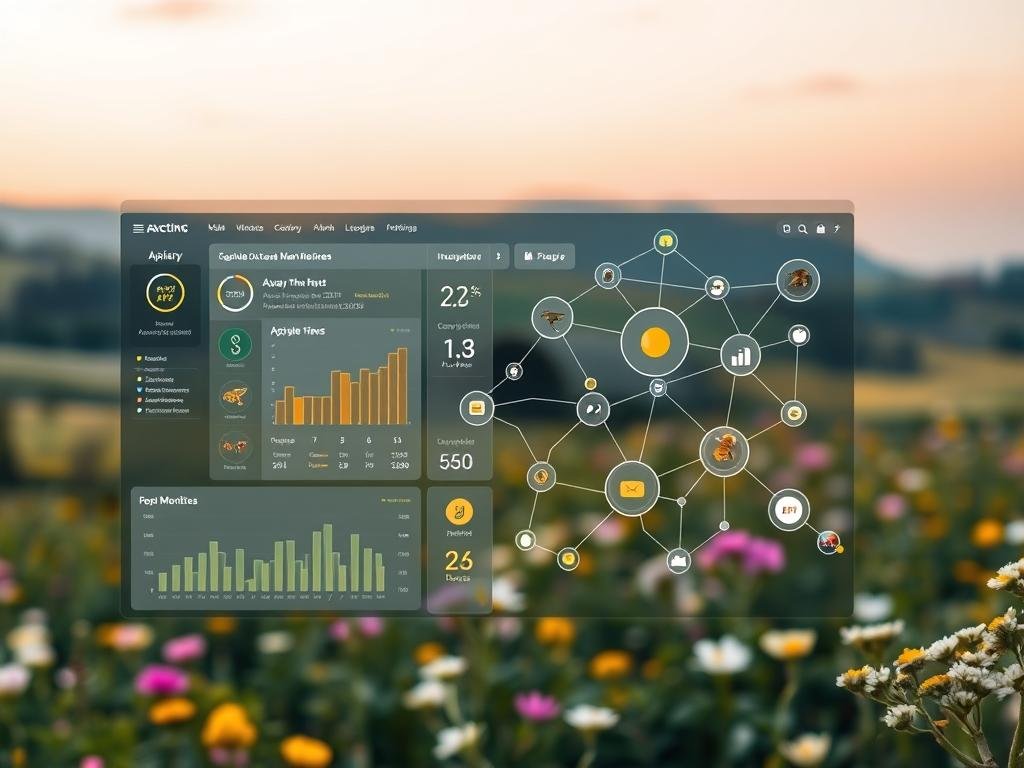 An intricate, photorealistic image of a modern API (Application Programming Interface) interface, inspired by the vibrant Italian tech scene. The foreground features a sleek, minimalist dashboard with various data visualizations and interactive elements, showcasing the real-time monitoring capabilities of APICOLTURA BORVEI MIELE's innovative apiary management system. The middle ground depicts a stylized network of interconnected devices, highlighting the seamless integration and data flow between the API and the connected hives. The background depicts a softly blurred, natural landscape of rolling hills and blooming flowers, subtly referencing the importance of bees and the challenges of modern apiculture.