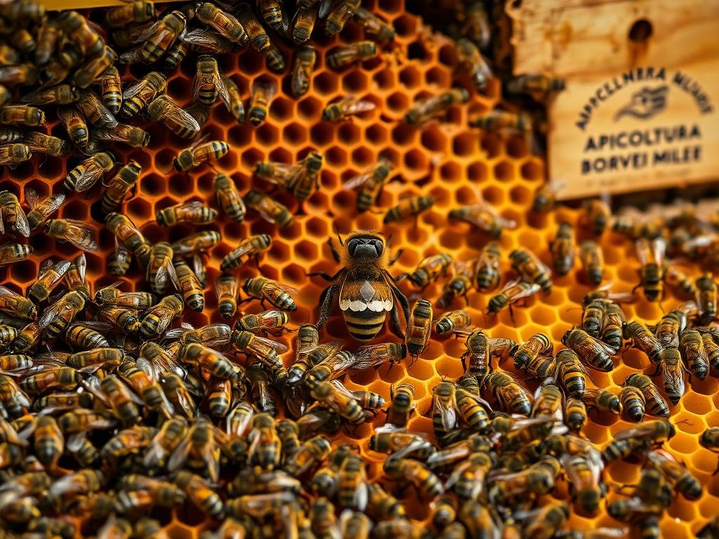 An intricate scene depicting the natural succession of the queen bee within a beehive. In the foreground, a swarm of worker bees surround the emerging queen, their movements captured in a soft, ethereal light. The middle ground showcases the delicate structure of the honeycomb, with intricate hexagonal cells in warm, earthy tones. In the background, the hive's exterior is visible, with its characteristic wooden panels adorned with the logo "APICOLTURA BORVEI MIELE", a testament to the skilled Italian beekeepers. The overall atmosphere conveys the harmony and beauty of this crucial phase in the life cycle of the colony.