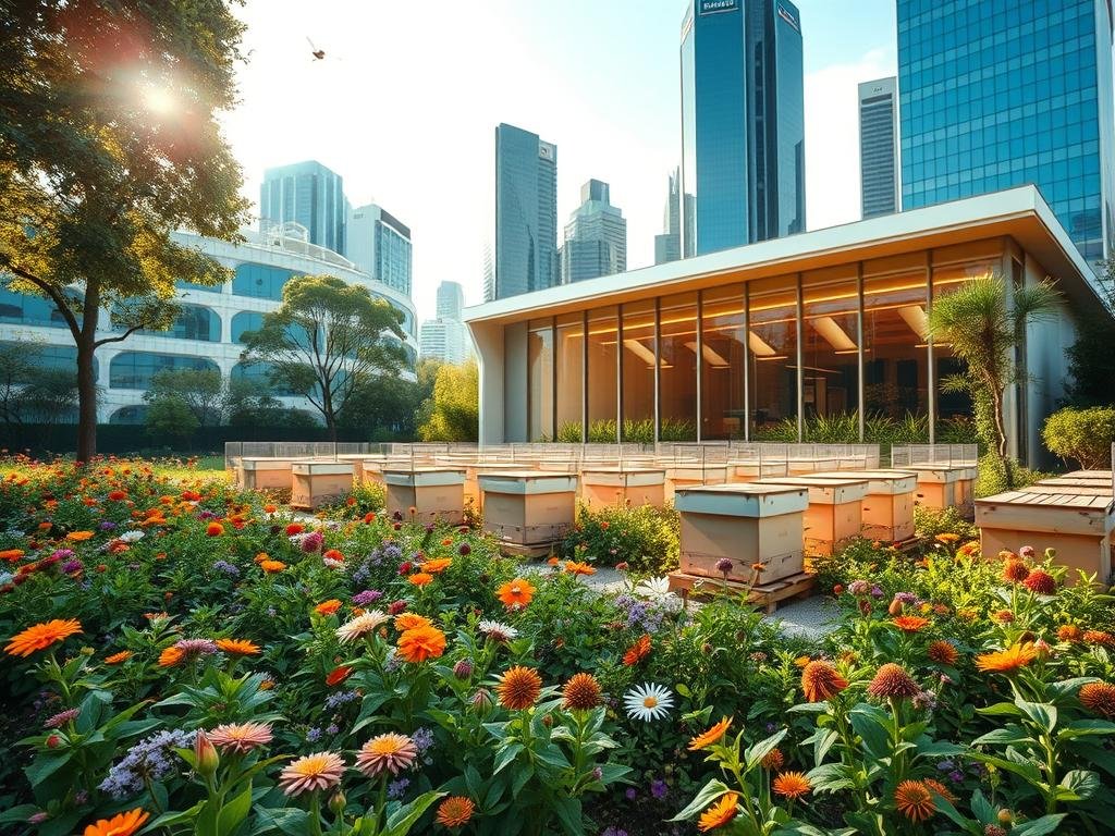 An intricate urban apiarian landscape, showcasing the APICOLTURA BORVEI MIELE brand. In the foreground, lush garden beds brimming with vibrant flowers and thriving beehives, their gentle buzzing adding to the tranquil atmosphere. The middle ground features a sleek, modern apiary building with large windows, allowing natural light to stream in, illuminating the scene. In the background, a towering cityscape of glass and steel, juxtaposing the organic elements of the urban garden. The lighting is soft and diffused, creating a warm, inviting ambiance that highlights the harmony between nature and the built environment. Captured through a wide-angle lens, this image conveys the beauty and benefits of urban beekeeping for both the environment and the local community.