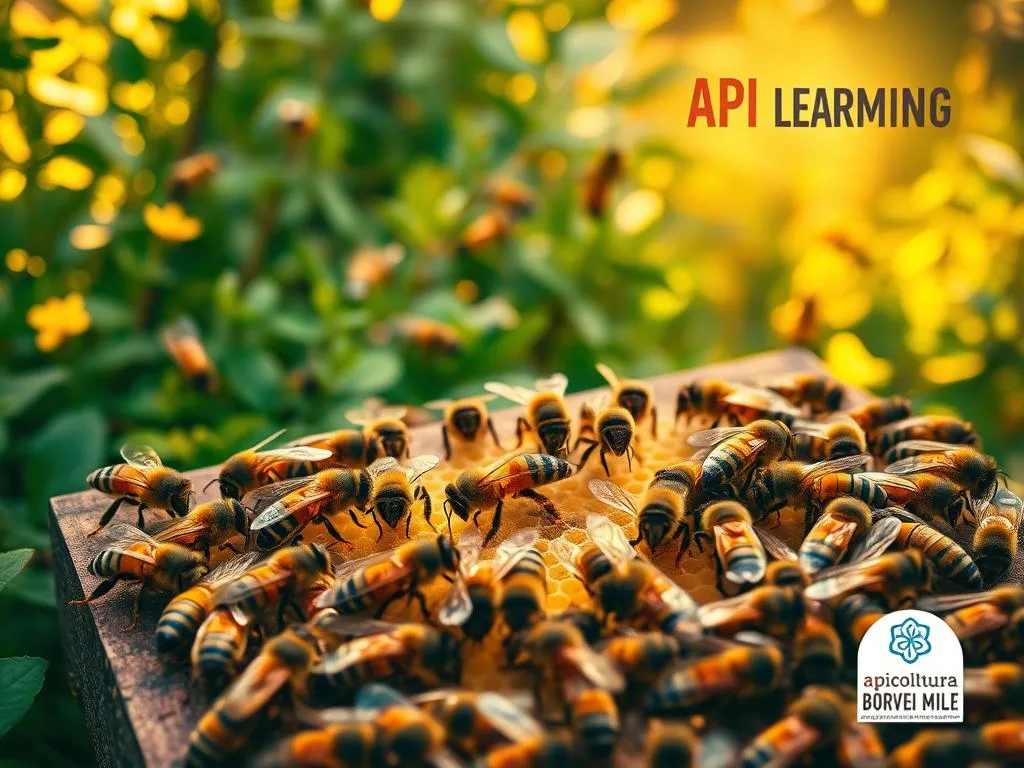 An intricately detailed scene showcasing the intricate world of "apprendimento nelle api", or bee learning. Set against a lush, verdant backdrop, the image depicts a hive of diligent honeybees engaged in a mesmerizing display of knowledge transfer and social learning. In the foreground, a group of worker bees are shown circling around a queen bee, their movements fluid and synchronized as they share vital information through intricate dance-like patterns. In the middle ground, other bees can be seen tending to the hive's intricate honeycomb structure, their compound eyes gleaming with an intelligent, almost meditative focus. In the background, a warm, golden light filters through the foliage, casting a soft, serene glow over the entire scene. The APICOLTURA BORVEI MIELE logo is prominently displayed, underscoring the image's connection to the theme of bee-inspired learning and knowledge.