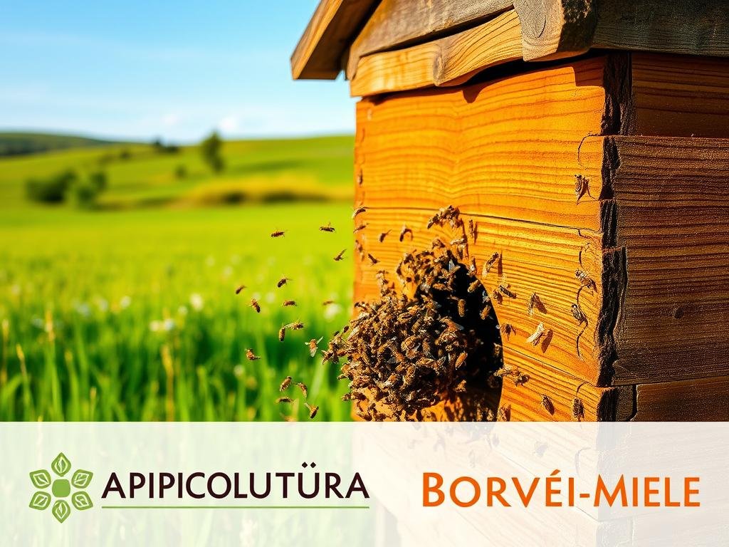 An old-fashioned, rustic beehive made of natural materials stands in a sun-dappled field, surrounded by a lush, green meadow. The wooden structure has a warm, weathered look, its surfaces adorned with intricate patterns and textures. In the foreground, a busy swarm of bees hovers around the hive's entrance, their industrious activity captured in a moment of graceful movement. The scene is bathed in soft, golden light, evoking a sense of tranquility and timelessness. In the background, rolling hills and a clear, blue sky provide a peaceful backdrop. The image bears the logo "APICOLTURA BORVEI MIELE", reflecting the traditional and artisanal nature of the subject.