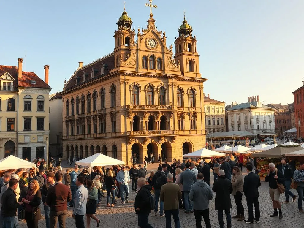 An ornate town hall building with a detailed façade, standing prominently in a bustling town square. The architecture features intricate stonework, arched windows, and ornate clock towers, conveying a sense of civic pride and historic importance. In the foreground, groups of citizens gather, discussing local affairs and regulations. The scene is bathed in warm, golden light, casting long shadows across the cobblestone pavement. In the background, a bustling market area with tents and stalls selling local produce, reflecting the dynamic nature of community life. Apicoltura.