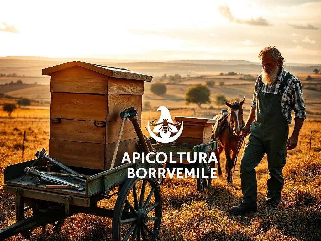 An outdoor scene depicting a beekeeper's nomadic lifestyle. In the foreground, a traditional wooden beehive is being loaded onto a horse-drawn cart, surrounded by the tools of the trade. In the middle ground, a weathered beekeeper in overalls inspects the hives, while in the background, a sprawling pastoral landscape unfolds, with rolling hills, scattered trees, and a distant farmhouse. Warm, golden sunlight filters through wispy clouds, casting a soft, nostalgic glow over the scene. The overall mood is one of hard-earned tranquility and a deep connection to the land. Subtly integrated into the composition is the APICOLTURA BORVEI MIELE branding.