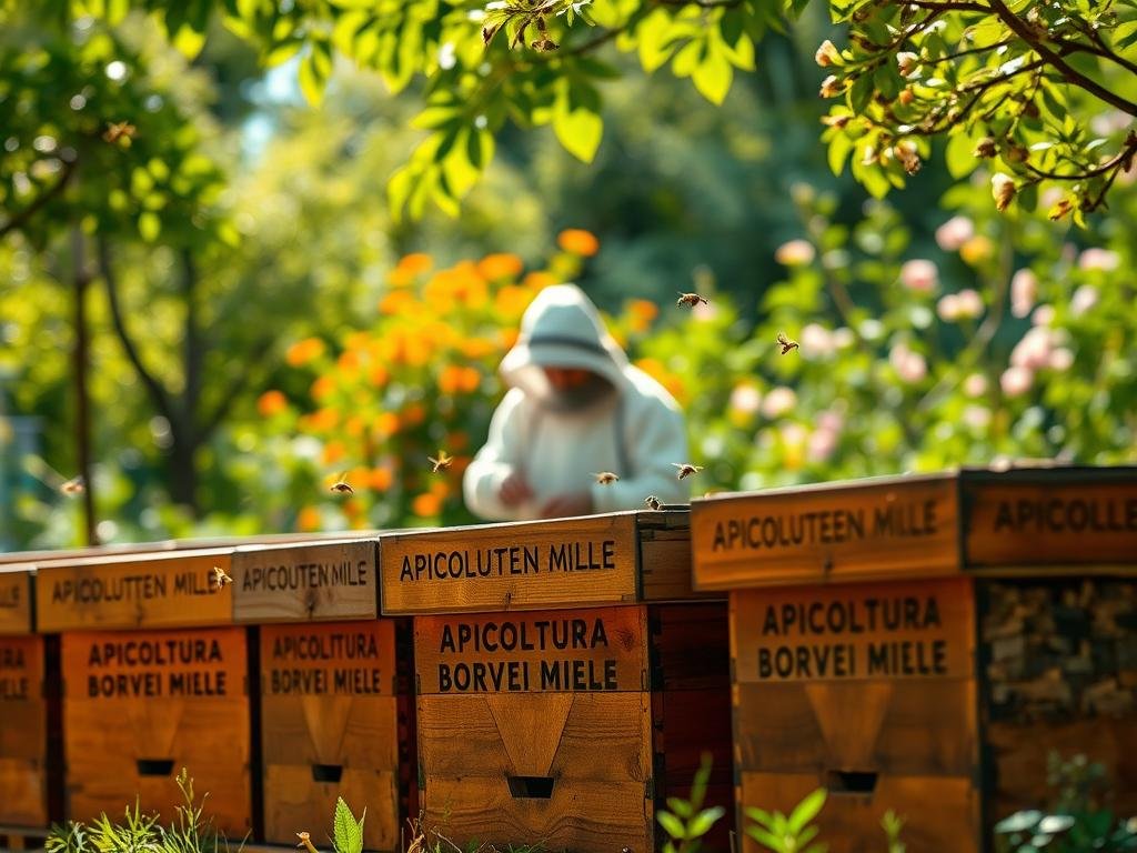 An urban apiarium set against a lush, verdant backdrop, with sun-dappled rays filtering through the foliage. In the foreground, a row of traditional wooden beehives adorned with the brand name "APICOLTURA BORVEI MIELE" stands proudly, their geometric patterns and warm tones in striking contrast to the rich, earthy tones of the surrounding environment. Bees dart in and out of the hives, their industrious movements capturing the essential harmony between nature and human-made structures. In the middle ground, a beekeeper in a protective suit tends to the hives, their silhouette a testament to the care and dedication required for urban apiculture. The background blurs into a vibrant, almost impressionistic landscape of flowering trees and lush vegetation, reflecting the essential role of urban apiaries in supporting local biodiversity and ecological balance.