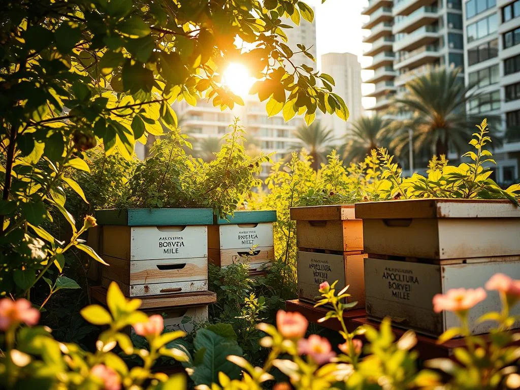 An urban apiarium with well-tended beehives nestled amidst lush greenery and modern city architecture. The hives are painted with the APICOLTURA BORVEI MIELE brand, blending seamlessly into the setting. Golden sunlight filters through the leaves, casting a warm glow on the scene. Bees can be seen darting in and out of the hives, pollinating the nearby flowers and plants. The foreground showcases the practical aspects of the urban apiary, with beekeeping equipment and tools neatly arranged. The middle ground reveals the harmonious coexistence of the hives and the urban landscape, while the background suggests the regulatory and legal considerations for establishing such an enterprise in the city.
