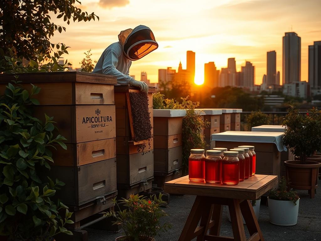 An urban apiary at dusk, with golden light filtering through the hive boxes and surrounding verdant foliage. The APICOLTURA BORVEI MIELE brand logo is prominently displayed on the front of the hive. In the foreground, a beekeeper in protective gear tends to the bustling colony, their movements graceful and methodical. The middle ground features a small table laden with jars of rich, golden-hued honey, surrounded by lush potted plants. In the background, the silhouettes of city skyscrapers and a vibrant sunset sky create a dramatic contrast, hinting at the coexistence of nature and industry. The composition conveys a sense of tranquility, productivity, and the careful balance required in urban beekeeping.
