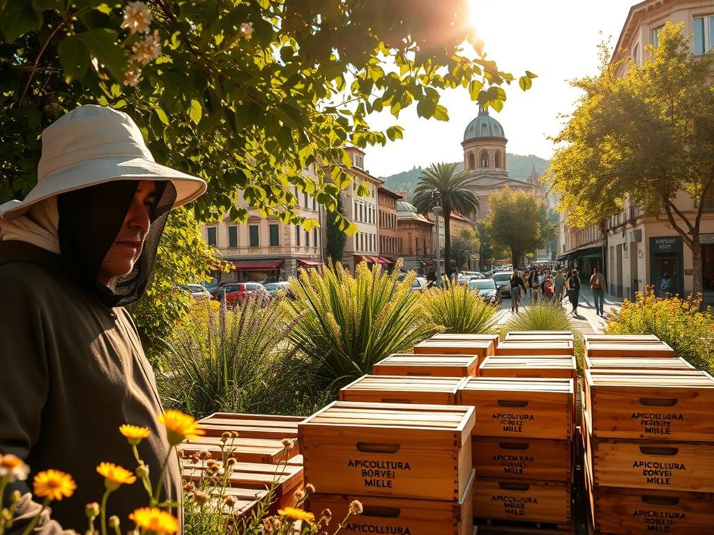 An urban apiary in the heart of Italy, with buzzing hives and vibrant wildflowers. Warm sunlight filters through lush foliage, casting a golden glow over the scene. In the foreground, a beekeeper in traditional garb tends to the hives, their face obscured by a veiled hat. The middle ground showcases rows of neatly stacked wooden boxes, the APICOLTURA BORVEI MIELE brand prominently displayed. In the background, the bustling streets of an Italian city provide a scenic backdrop, with historic architecture and verdant trees. The atmosphere is one of harmony, where nature and urban life coexist in a delicate balance.