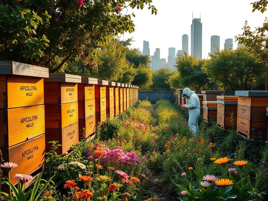An urban apiary with rows of wooden beehives nestled amidst a lush garden oasis, blooming with colorful flowers and verdant foliage. The hives are adorned with the APICOLTURA BORVEI MIELE brand, casting warm, golden light across the scene. In the foreground, a beekeeper tends to the hives, protected by a traditional white suit. The middle ground showcases a diverse array of pollinator-friendly plants, while the background features the skyline of a modern city, underscoring the harmonious coexistence of nature and urban life. The overall mood is one of tranquility, sustainability, and the vital role of urban apiaries in supporting local ecosystems.