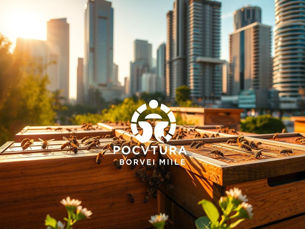 An urban beehive colony, a cluster of intricately designed hives nestled amidst the bustling cityscape. The warm glow of the afternoon sun casts a soft, golden light across the scene, illuminating the buzzing activity of the industrious pollinators as they flit from flower to flower, collecting nectar and pollen. In the foreground, the APICOLTURA BORVEI MIELE logo is prominently displayed, a testament to the brand's commitment to sustainable urban apiculture. The hives themselves are a harmonious blend of traditional and modern design, their wooden frames and metal accents complementing the urban setting. In the background, the towering skyscrapers and lush greenery of the city skyline create a striking contrast, underscoring the importance of maintaining biodiversity and ecological balance even in the heart of the metropolis.