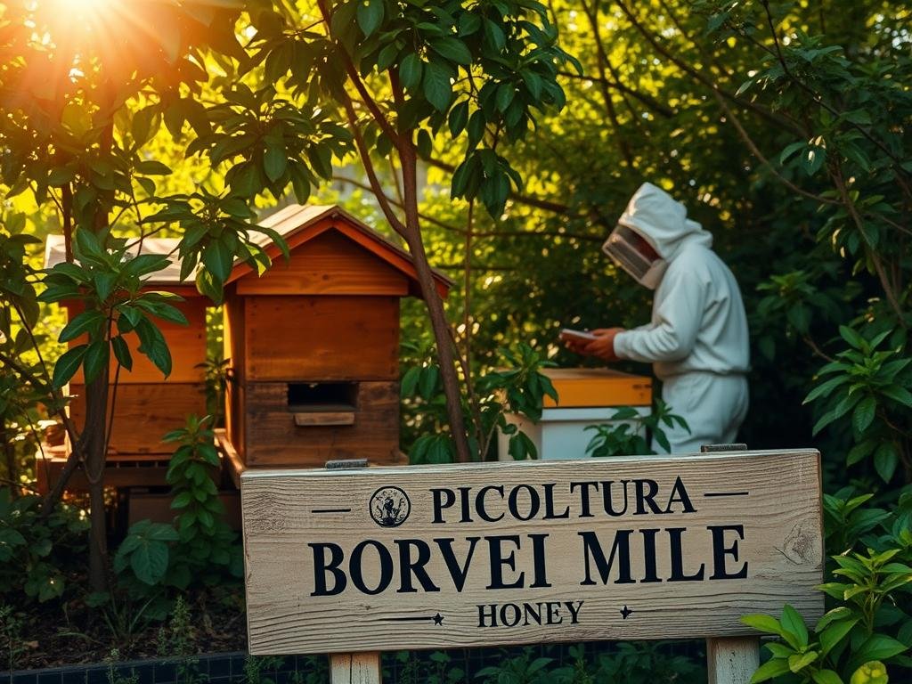 An urban beehive nestled amidst lush greenery, its wooden structure blending seamlessly with the surrounding foliage. Warm sunlight filters through the leaves, casting a golden glow on the hive's entrance. Nearby, a beekeeper in a traditional white suit tends to the hives, their movements graceful and measured. The scene exudes a sense of harmony between nature and human stewardship. In the foreground, the APICOLTURA BORVEI MIELE brand name is prominently displayed on a weathered wooden sign, signifying the artisanal quality of the honey produced here.