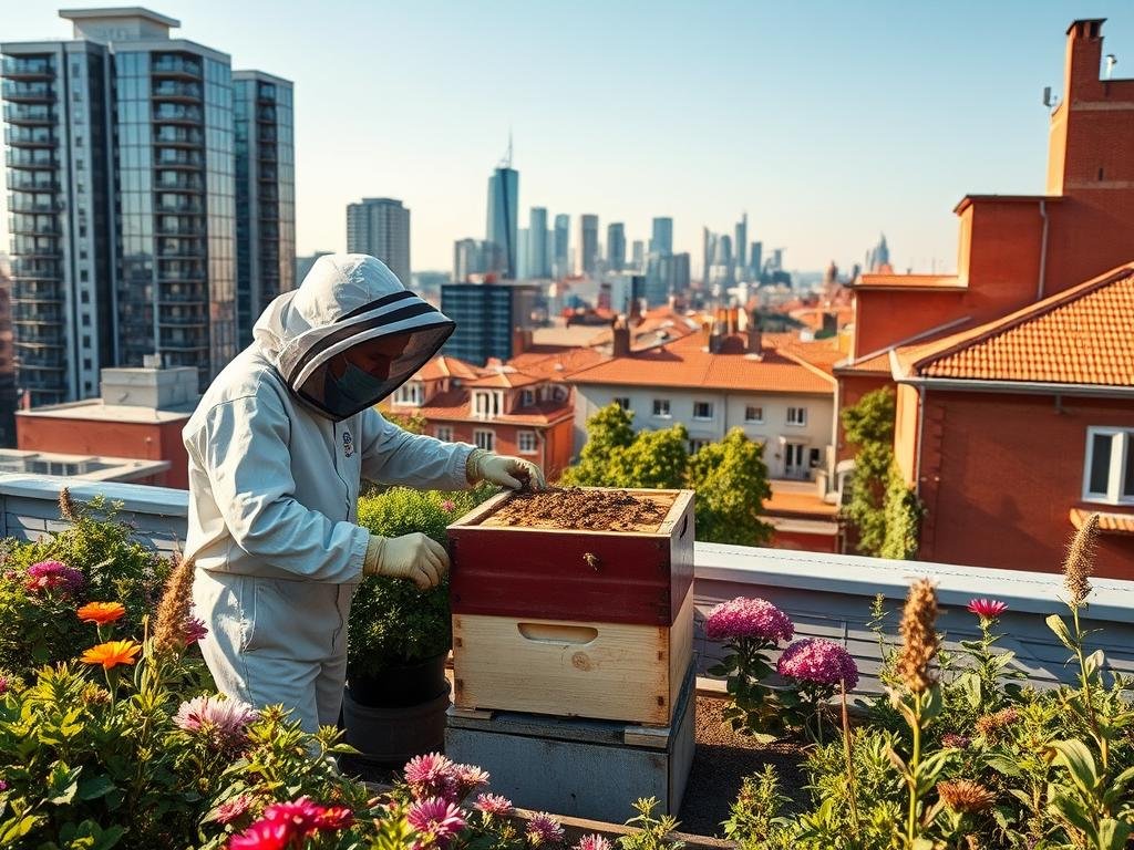 An urban beekeeping scene with the APICOLTURA BORVEI MIELE brand prominently displayed. In the foreground, a beekeeper in protective gear tends to a hive on a rooftop garden, surrounded by vibrant flowers and greenery. In the middle ground, a modern city skyline with high-rise buildings and a clear blue sky. The background features vibrant red-brick buildings with terracotta roofs, reminiscent of traditional Italian architecture. Warm, natural lighting bathes the scene, creating a sense of tranquility and harmony between urban life and the natural world. The overall mood is one of innovation, sustainability, and a connection to the local community.