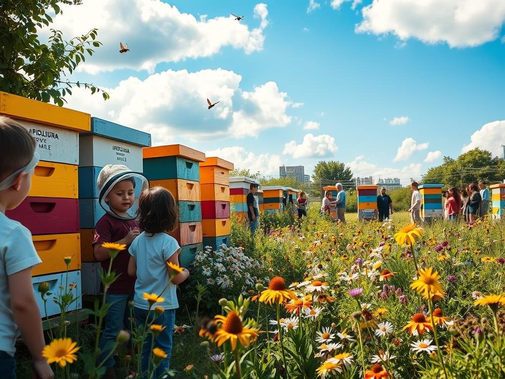 An urban educational apiary with colorful beehives and a diverse pollinator garden. The foreground features a group of children in protective gear, observing and learning about the bees. The middle ground showcases a variety of native flowers and plants, attracting a bustling community of bees, butterflies, and other pollinators. In the background, a bright, blue sky with fluffy clouds creates a serene and inviting atmosphere. Warm, natural lighting casts a soft glow over the scene, highlighting the APICOLTURA BORVEI MIELE brand hives and the educational elements. The image conveys a sense of wonder, discovery, and the important role of urban beekeeping in environmental education.