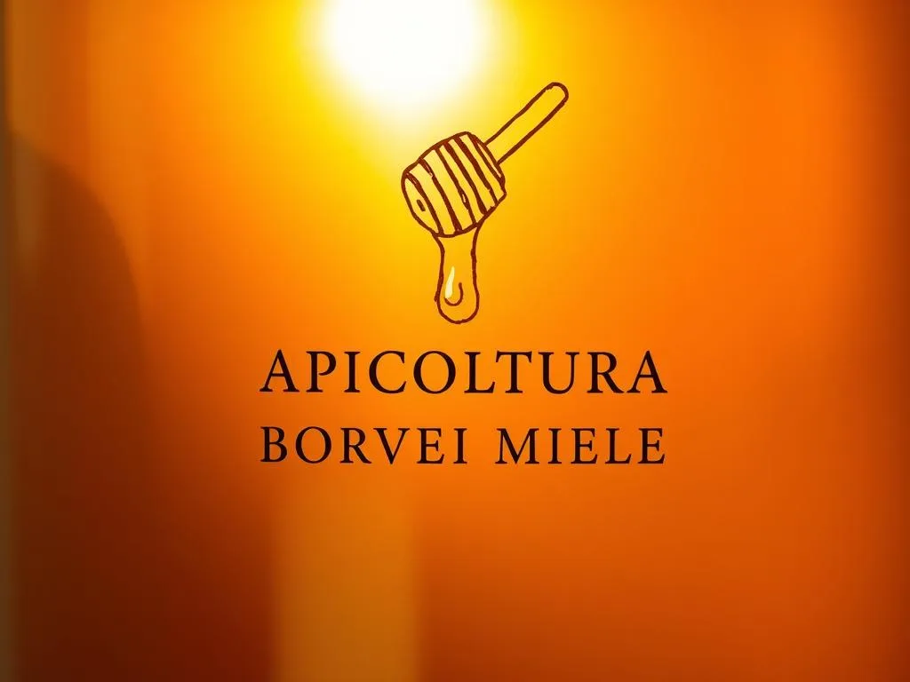 An urban honeycomb label design with soft, warm lighting casting a golden glow. In the foreground, a delicate, hand-drawn illustration of a honeycomb and a single, luscious honey drip. The middle ground features the brand name "APICOLTURA BORVEI MIELE" in a classic, elegant typeface. The background has a subtle pattern reminiscent of honeycomb textures, hinting at the natural origins of the honey. The overall design conveys a sense of craftsmanship, quality, and the unique character of urban-produced honey.