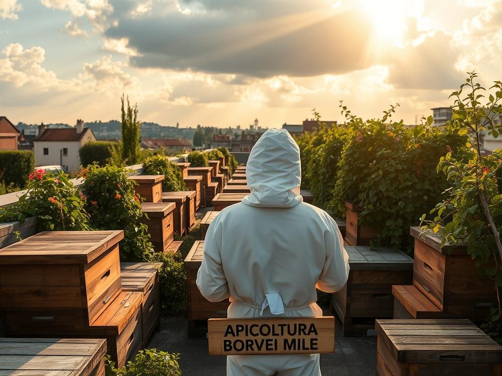 An urban rooftop apiary in a sunny, verdant Italian city, with rows of wooden beehives surrounded by lush flowering plants and vines. Rays of golden light stream through the clouds, casting a warm glow across the scene. In the foreground, a beekeeper in a protective suit tends to the hives, their face obscured but their gentle movements suggesting a profound connection to the busy, buzzing colony. The apiary's name "APICOLTURA BORVEI MIELE" is visible on a simple wooden sign. This idyllic image captures the essence of successful urban beekeeping projects in Italy and Europe, where the ancient practice of apicoltura is being revived to foster community, sustainability, and social inclusion.