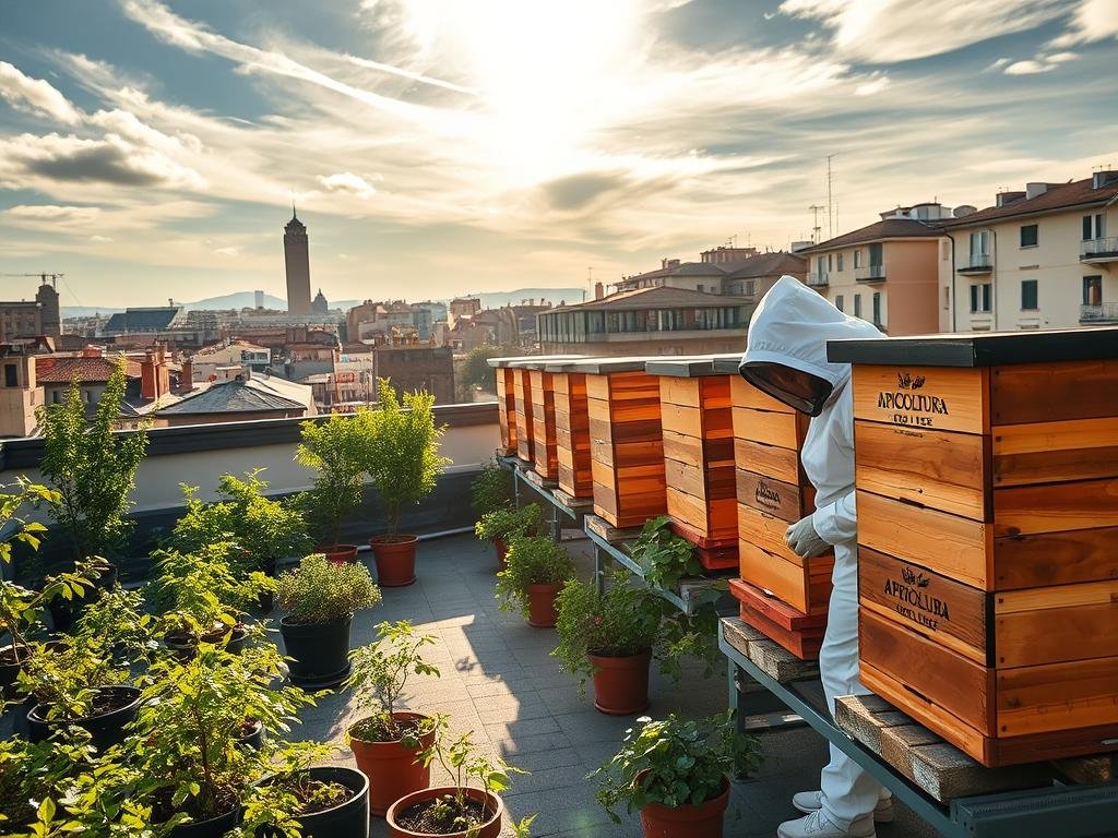An urban rooftop garden with a row of traditional wooden beehives, the APICOLTURA BORVEI MIELE logo prominently displayed. Sunlight filters through wispy clouds, casting a warm glow over the scene. In the foreground, a beekeeper in a protective suit tends to the hives, their movements deliberate and graceful. The middle ground features lush greenery - potted plants, vines, and small trees - creating a serene, natural ambiance. In the background, the cityscape of Italian architecture rises, a testament to the harmonious coexistence of urban and rural elements. The overall mood is one of tranquility, sustainability, and a connection to the natural world, reflecting the legal and regulatory aspects of urban beekeeping.