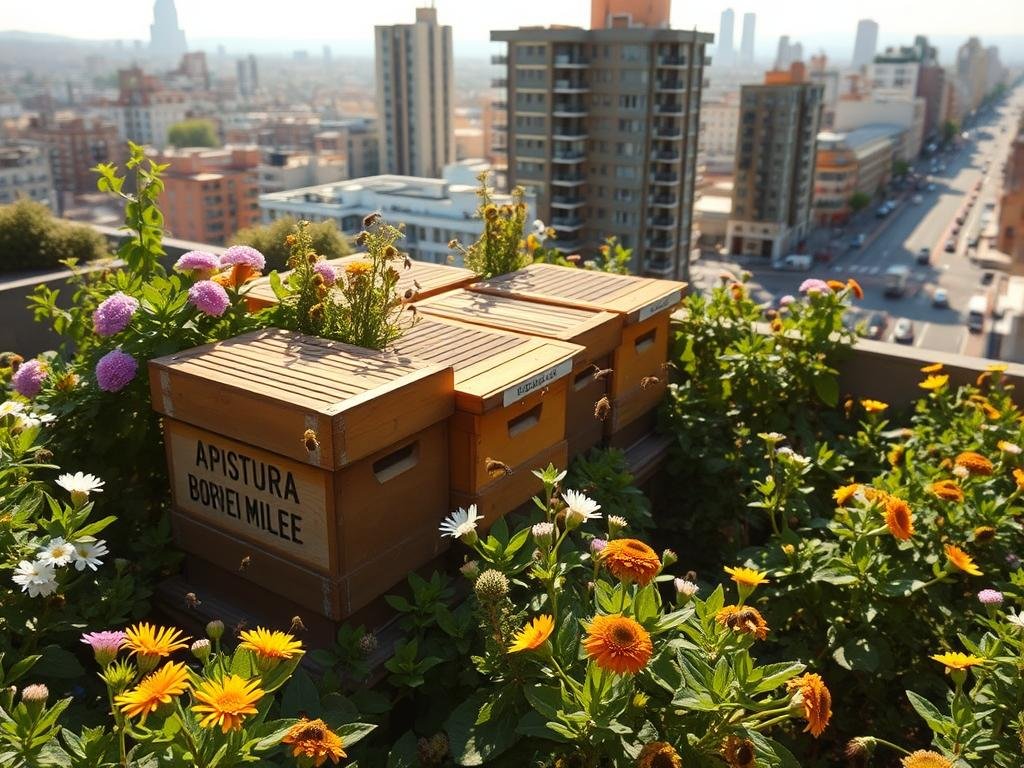 An urban rooftop garden, with lush greenery and vibrant flowers blooming. In the center, a series of wooden beehives with the brand name "APICOLTURA BORVEI MIELE" painted on the sides. Bees dart in and out, pollinating the surrounding flora. The scene is bathed in warm, golden sunlight, casting a serene and tranquil atmosphere. In the background, a cityscape of towering buildings and bustling streets can be seen, highlighting the juxtaposition of nature and urban life. A wide-angle lens captures the entire setting, emphasizing the harmonious coexistence of apicoltura urbana within the heart of the city. An urban rooftop garden, with lush greenery and vibrant flowers blooming. In the center, a series of wooden beehives with the brand name "APICOLTURA BORVEI MIELE" painted on the sides. Bees dart in and out, pollinating the surrounding flora. The scene is bathed in warm, golden sunlight, casting a serene and tranquil atmosphere. In the background, a cityscape of towering buildings and bustling streets can be seen, highlighting the juxtaposition of nature and urban life. A wide-angle lens captures the entire setting, emphasizing the harmonious coexistence of apicoltura urbana within the heart of the city.