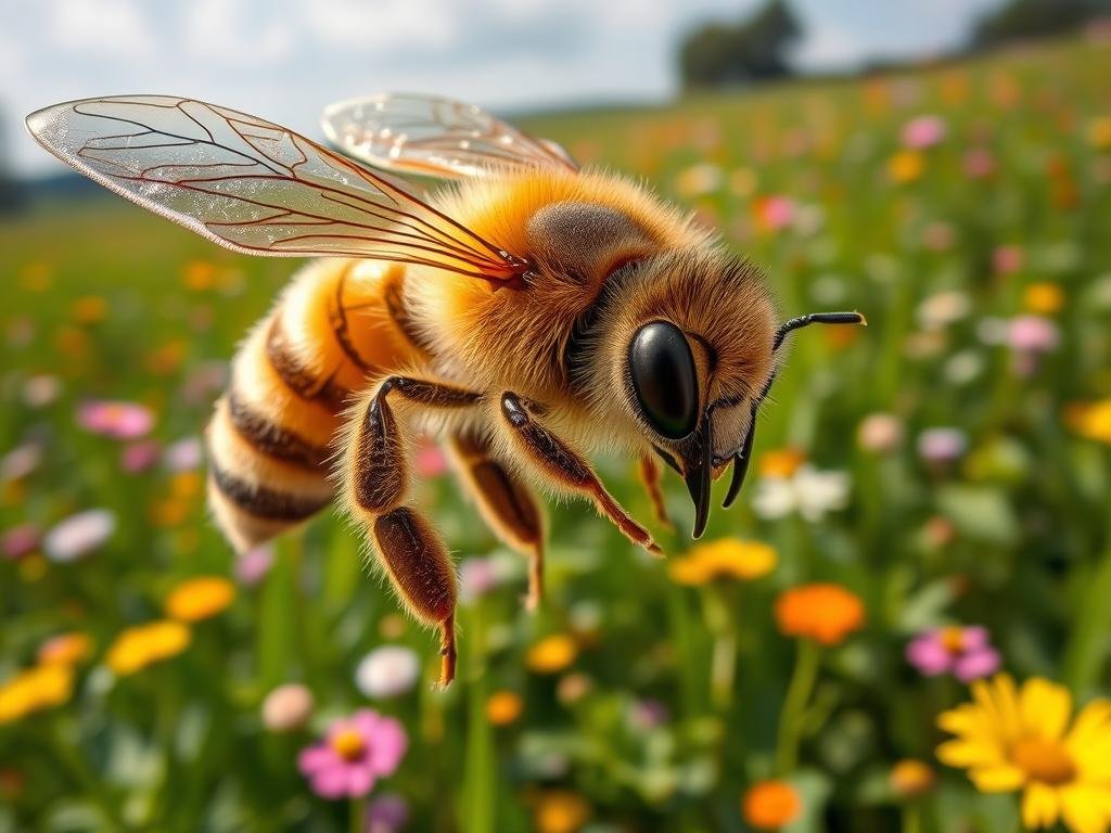 Anatomia e Biologia delle Api: Un Miracolo della Natura. A stunning close-up view of the intricate anatomy of an Italian honeybee, its delicate wings and fuzzy body showcasing the engineering marvel of nature. The bee hovers gracefully, its compound eyes gleaming in the soft natural light. In the background, a vibrant field of wildflowers and lush foliage evokes the rich, verdant landscape where Apicoltura thrives. The image conveys the beauty, complexity, and vital role of these pollinators in the Italian ecosystem. Anatomia e Biologia delle Api: Un Miracolo della Natura. A stunning close-up view of the intricate anatomy of an Italian honeybee, its delicate wings and fuzzy body showcasing the engineering marvel of nature. The bee hovers gracefully, its compound eyes gleaming in the soft natural light. In the background, a vibrant field of wildflowers and lush foliage evokes the rich, verdant landscape where Apicoltura thrives. The image conveys the beauty, complexity, and vital role of these pollinators in the Italian ecosystem.