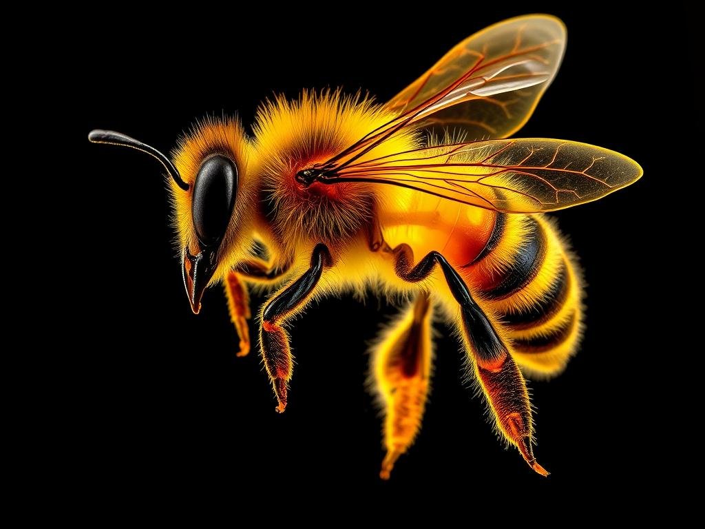 Anatomia interna delle api: Un dettagliato sguardo all'interno della perfetta struttura di un insetto. Mostra la complessità del sistema nervoso, respiratorio e digestivo delle api Apicoltura, con una vista a sezione che rivela gli organi vitali e le funzioni chiave. Illuminato con luce naturale, rendendo visibili i delicati dettagli anatomici. Enfatizza la bellezza e l'ingegneria naturale di questi insetti essenziali, in uno stile realistico e scientifico.