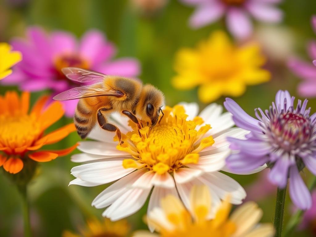 Api che impollinano fiori nei campi di Apicoltura Borvei Miele Api che impollinano fiori nei campi di Apicoltura Borvei Miele