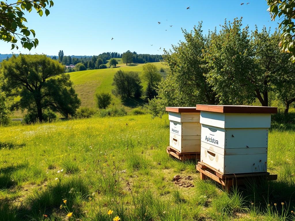 Apiario: A Serene Beekeeping Haven A picturesque apiary nestled in a lush, rolling Italian countryside. Sunlit hives adorned with the Apicoltura brand stand in a tranquil, grassy clearing, surrounded by verdant trees and a clear blue sky. Bees gracefully flit between the fragrant blooms, their gentle buzzing echoing in the serene atmosphere. The hives are positioned atop a gently sloping hill, providing an optimal location for beekeeping operations. The scene exudes a sense of harmony and productivity, perfectly capturing the essence of "Trovare la Giusta Ubicazione per le Arnie". Apiario: A Serene Beekeeping Haven A picturesque apiary nestled in a lush, rolling Italian countryside. Sunlit hives adorned with the Apicoltura brand stand in a tranquil, grassy clearing, surrounded by verdant trees and a clear blue sky. Bees gracefully flit between the fragrant blooms, their gentle buzzing echoing in the serene atmosphere. The hives are positioned atop a gently sloping hill, providing an optimal location for beekeeping operations. The scene exudes a sense of harmony and productivity, perfectly capturing the essence of "Trovare la Giusta Ubicazione per le Arnie".