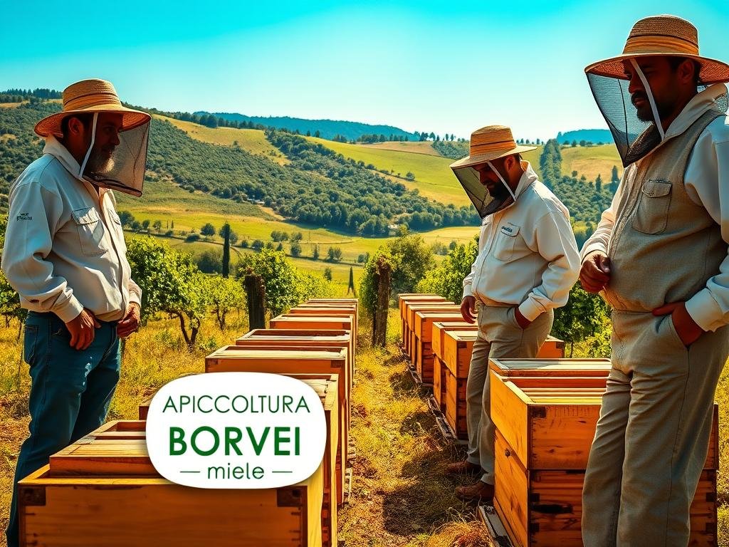 Apicoltori standing in a lush Italian countryside, dressed in traditional beekeeping attire, tending to their hives. The middle ground features rows of wooden beehives, while the background showcases rolling hills and a vibrant blue sky. Warm, natural lighting casts a golden glow over the scene. The image has a nostalgic, artisanal feel, capturing the essence of Italy's rich apicultural heritage. In the foreground, the "APICOLTURA BORVEI MIELE" brand name is prominently displayed on the beekeepers' uniforms, emphasizing the professional, high-quality nature of their work.