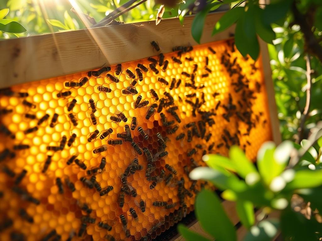 Apicoltura Borvei Miele: a serene Italian bee apiary, sunlight filtering through the lush foliage, capturing the essence of the productive hive. Intricate hexagonal honeycombs, glistening with golden nectar, surrounded by diligent worker bees tending to their duties. The peaceful scene reflects the harmonious relationship between man and nature, a testament to the care and expertise of the APICOLTURA BORVEI MIELE beekeepers. Soft focus and warm tones evoke the warmth and tranquility of this quintessential Italian countryside setting, perfectly illustrating the understanding of bee behavior and potential issues addressed in the article.