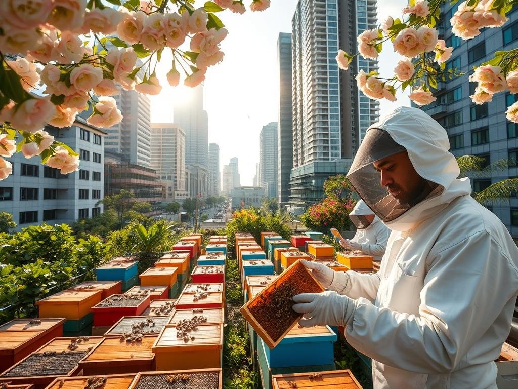 Apicoltura, a thriving urban beekeeping scene in a lush, verdant city. Towering skyscrapers frame a vibrant rooftop apiary, where rows of colorful hives buzz with activity. Sunlight filters through a canopy of blooming flowers, casting a warm glow over the modern, eco-conscious beekeepers tending to their colonies. In the foreground, a beekeeper in a white suit examines a honeycomb, capturing the delicate balance between the natural and the urban. The image embodies the innovation and sustainability of "Apicoltura Urbana", where the ancient art of beekeeping flourishes within the heart of the city. Apicoltura, a thriving urban beekeeping scene in a lush, verdant city. Towering skyscrapers frame a vibrant rooftop apiary, where rows of colorful hives buzz with activity. Sunlight filters through a canopy of blooming flowers, casting a warm glow over the modern, eco-conscious beekeepers tending to their colonies. In the foreground, a beekeeper in a white suit examines a honeycomb, capturing the delicate balance between the natural and the urban. The image embodies the innovation and sustainability of "Apicoltura Urbana", where the ancient art of beekeeping flourishes within the heart of the city.