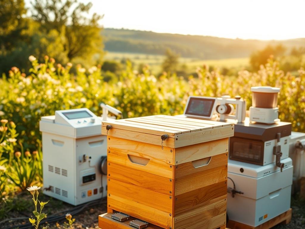 Apicoltura di precisione: a high-tech apiary showcasing cutting-edge beekeeping technology. In the foreground, a pristine Langstroth hive outfitted with integrated sensors, monitoring temperature, humidity, and activity levels. The middle ground features an array of precision instruments, including digital scales and automated feeders, all connected to a central control panel. In the background, a lush, verdant landscape with blooming flowers, hinting at the natural harmony between bees and their environment. Warm, golden lighting filters through the scene, capturing the timeless elegance of "Apicoltura" - the art of modern, data-driven beekeeping.